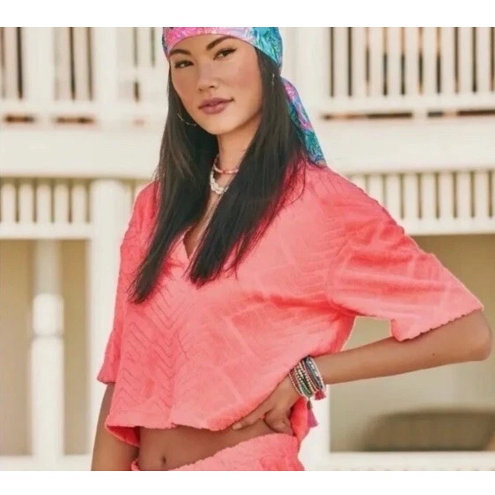 Lilly‎ Pulitzer Bellview Terry Cloth Top sunrise Coral Lilly zig zag EUC size M